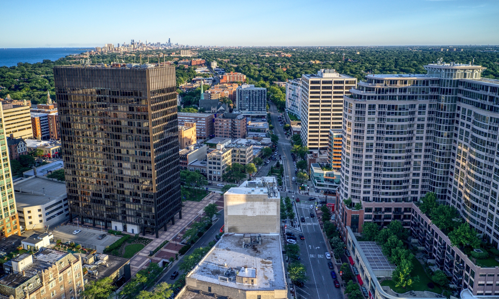 Aerial view image of downtown Evanston, IL